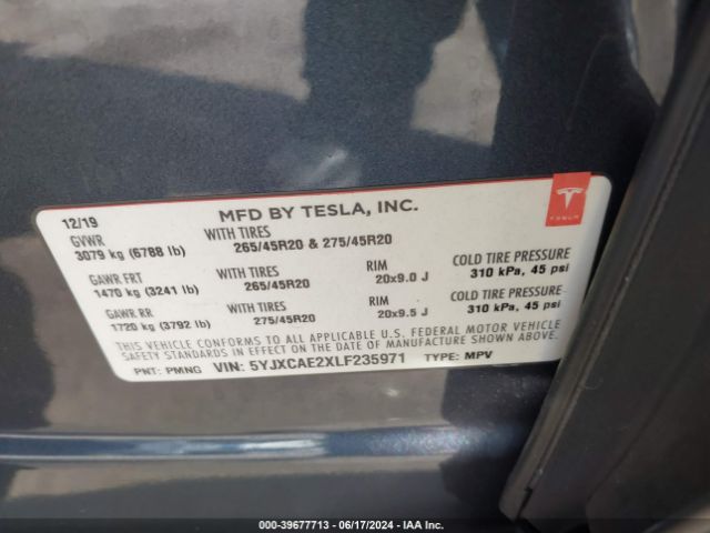 5YJXCAE2XLF235971 Tesla Model X Long Range Dual Motor All-wheel Drive/long Range Plus Dual Motor All-wheel Drive