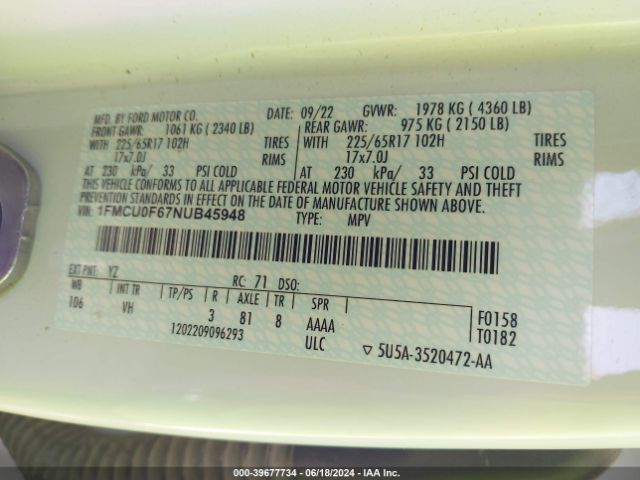 2022 FORD ESCAPE 1FMCU0F67NUB45948 Photo 8