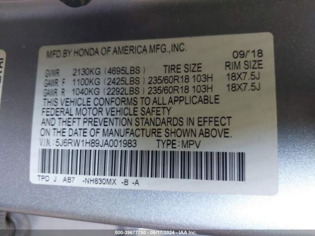 5J6RW1H89JA001983 Honda Cr-v Ex-l/ex-l Navi