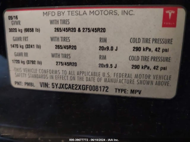 Tesla Model X 60d/70d/75d/90d 2016 5YJXCAE2XGF008172 Image 9
