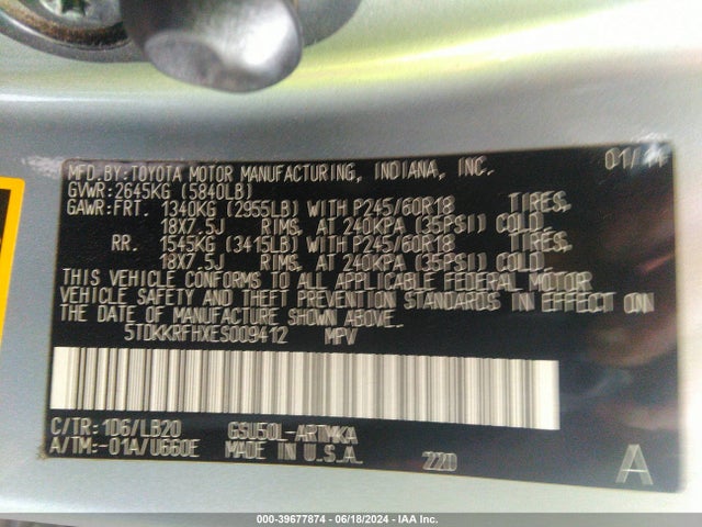 Toyota Highlander Xle V6 2014 5TDKKRFHXES009412 Image 9