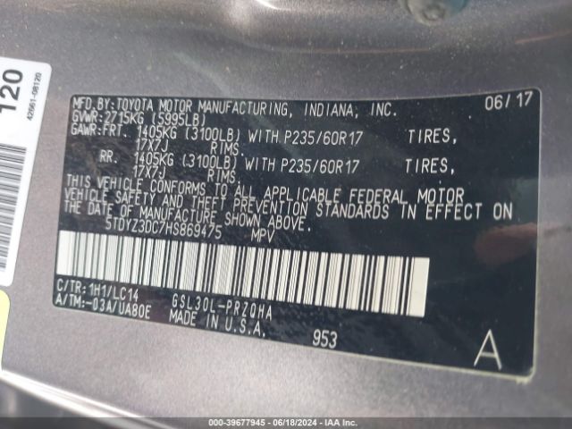 5TDYZ3DC7HS869475 Toyota Sienna Xle Premium 8 Passenger