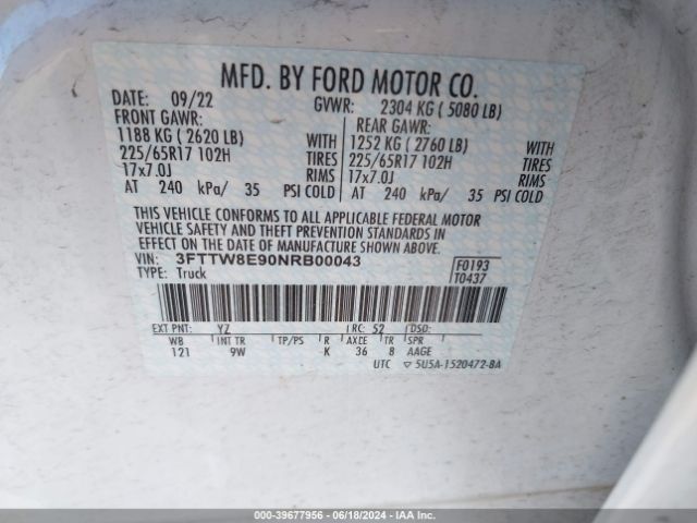 3FTTW8E90NRB00043 Ford Maverick Xl