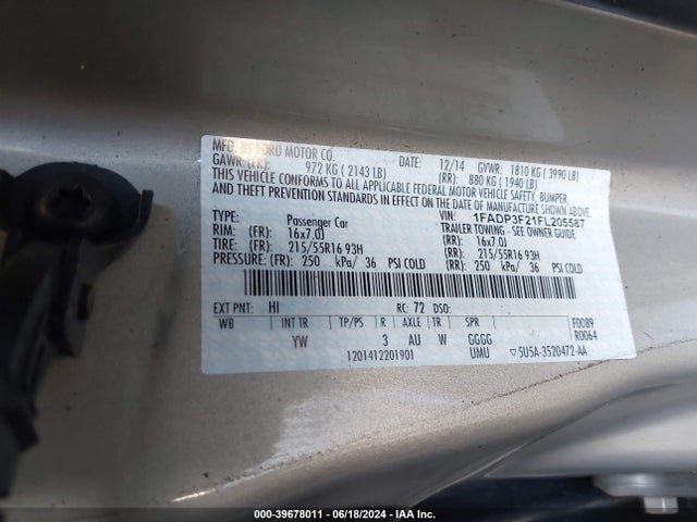 Ford FOCUS SE 2015 1FADP3F21FL205587 Image 9