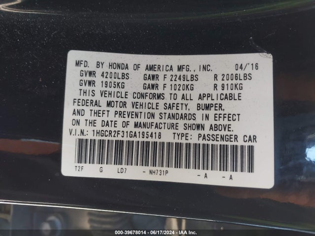 Honda ACCORD LX 2016 1HGCR2F31GA195418 Image 9