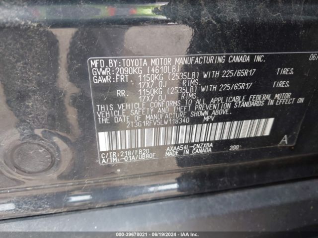 2T3G1RFV5LW118340 Toyota RAV4 LE