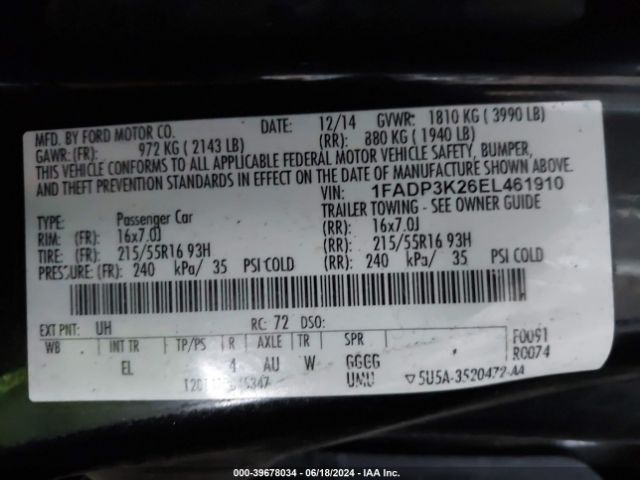 1FADP3K26EL461910 Ford FOCUS SE