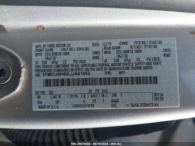 Ford ESCAPE SEL 2020 1FMCU0H60LUA81052 Image 9