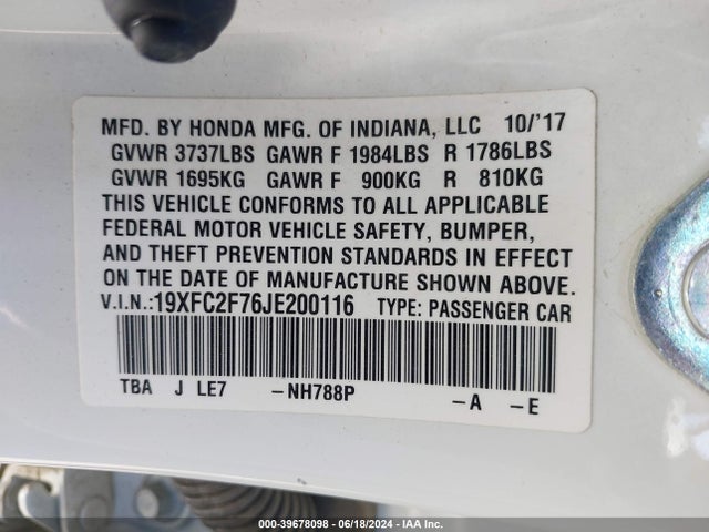 Honda CIVIC EX 2018 19XFC2F76JE200116 Image 9