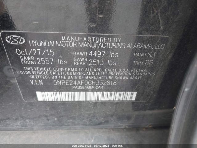 5NPE24AF0GH332818 Hyundai SONATA SE