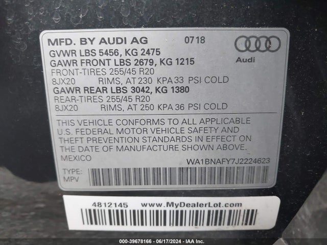 WA1BNAFY7J2224623 Audi Q5 2.0t Premium/2.0t Tech Premium