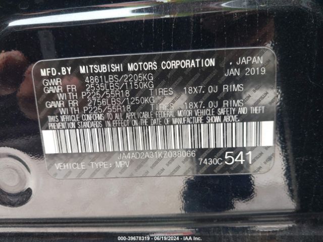 2019 MITSUBISHI OUTLANDER JA4AD2A31KZ038066 Photo 8