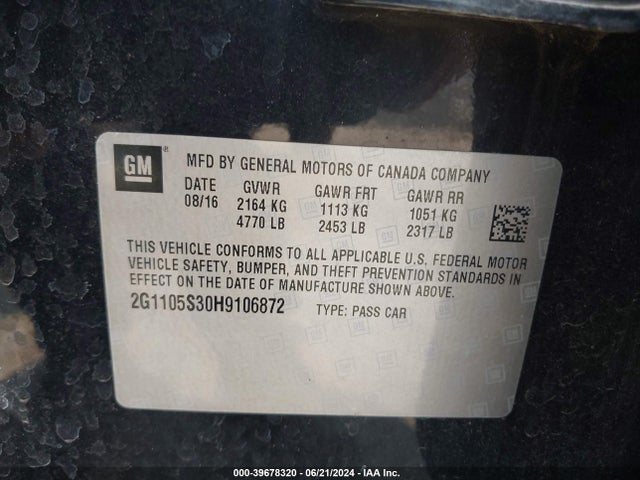 Chevrolet IMPALA 1LT 2017 2G1105S30H9106872 Image 9