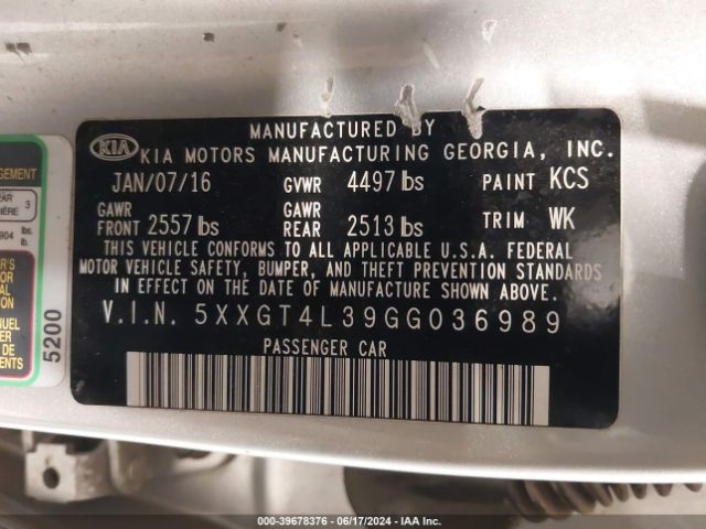 5XXGT4L39GG036989 KIA Optima Lx
