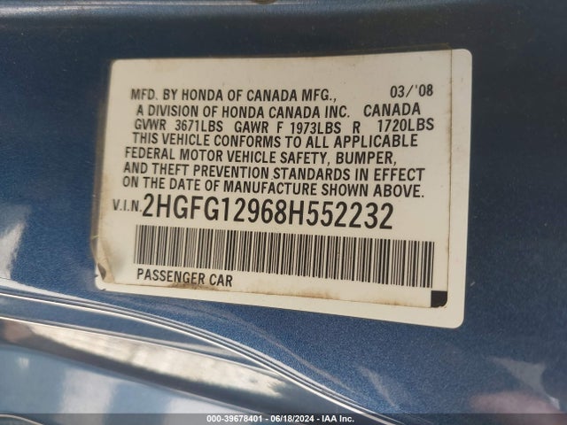2008 Honda Civic Ex-l მანქანა იყიდება აუქციონზე, vin: 2HGFG12968H552232, აუქციონის ნომერი: 39678401
