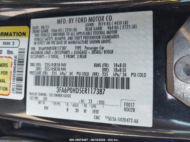 Ford FUSION SE 2014 3FA6P0HD5ER117387 Image 9