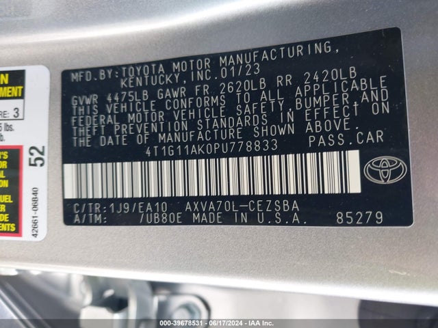 Toyota CAMRY SE 2023 4T1G11AK0PU778833 Image 9