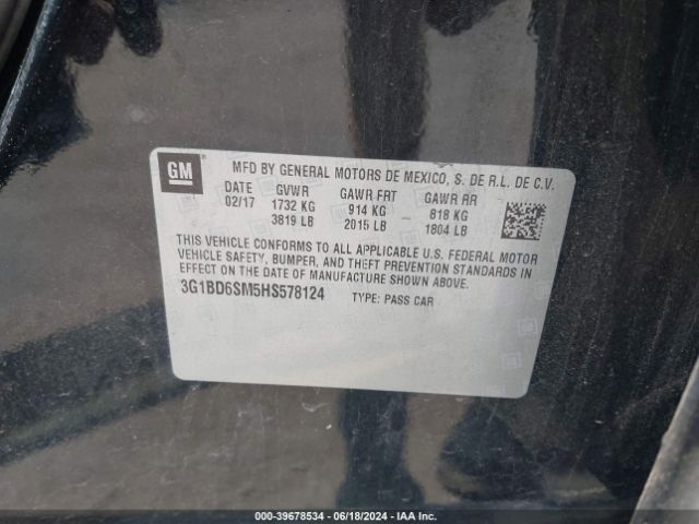 3G1BD6SM5HS578124 Chevrolet Cruze Lt Manual