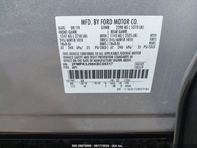 Ford EDGE SEL 2019 2FMPK3J96KBC69317 Image 9