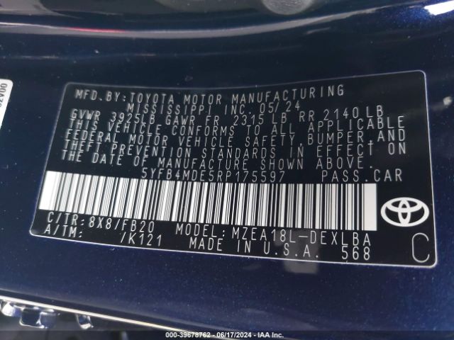 5YFB4MDE5RP175597 Toyota COROLLA LE