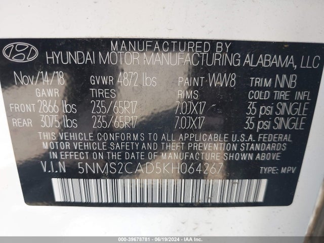 Hyundai Santa Fe Se 2019 5NMS2CAD5KH064267 Image 9