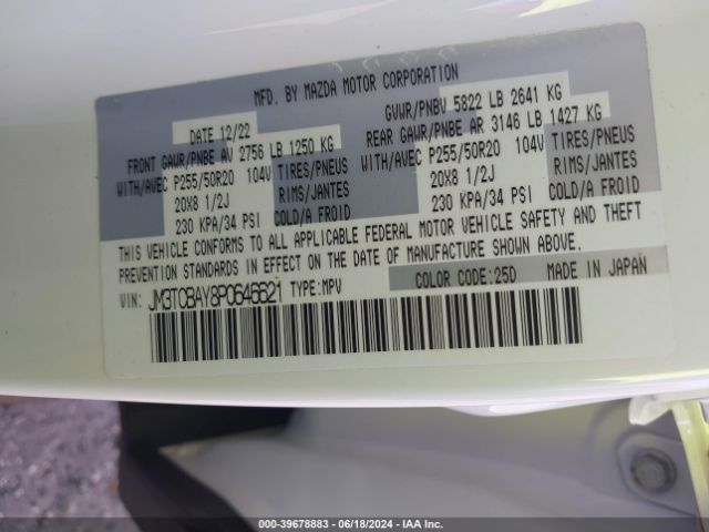 JM3TCBAY8P0646621 Mazda Cx-9 Touring Plus