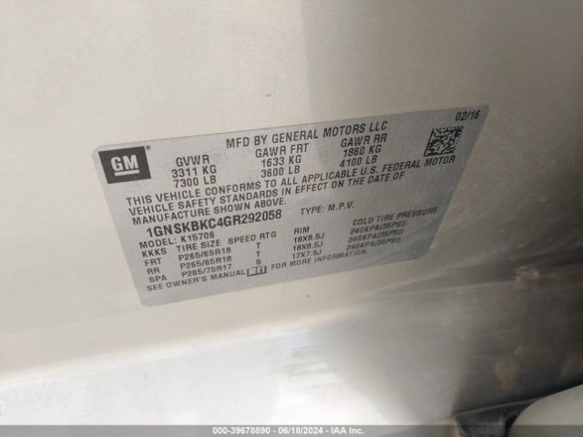 1GNSKBKC4GR292058 Chevrolet Tahoe Lt