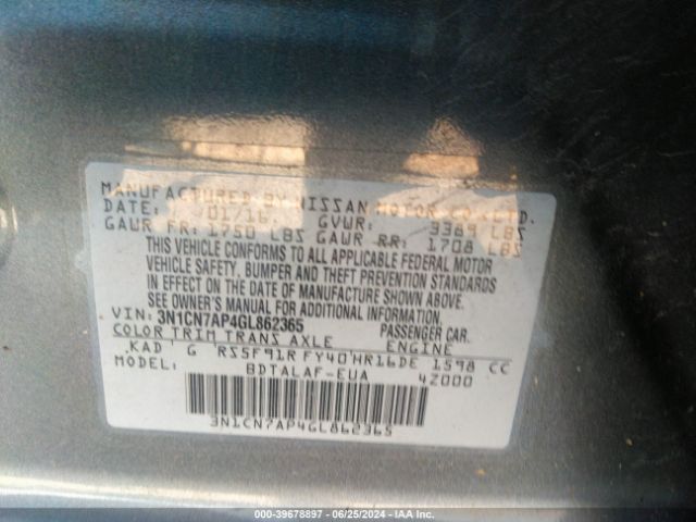 3N1CN7AP4GL862365 Nissan Versa 1.6 S