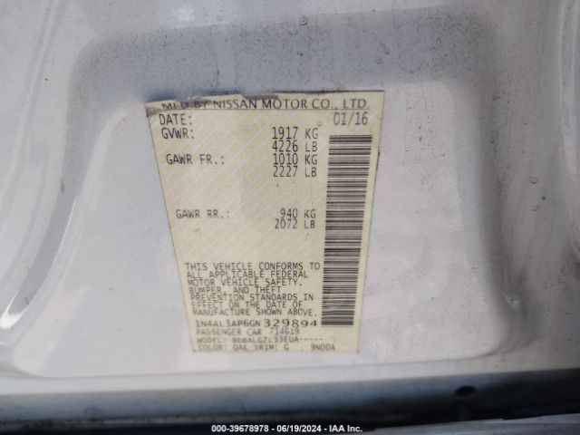 1N4AL3AP6GN329894 Nissan Altima 2.5/2.5 S/2.5 Sl/2.5 Sr/2.5 Sv