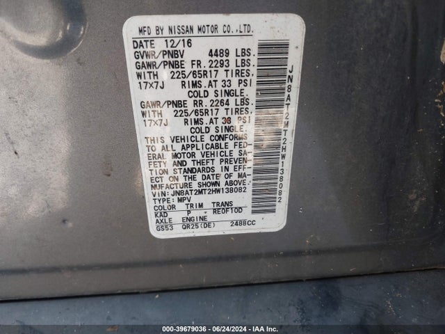 Nissan ROGUE SV 2017 JN8AT2MT2HW138082 Image 9