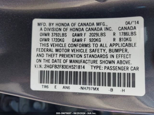 2HGFB2F83EH521814 Honda CIVIC EX