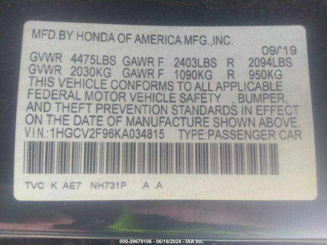 1HGCV2F96KA034815 Honda Accord Touring 2.0t