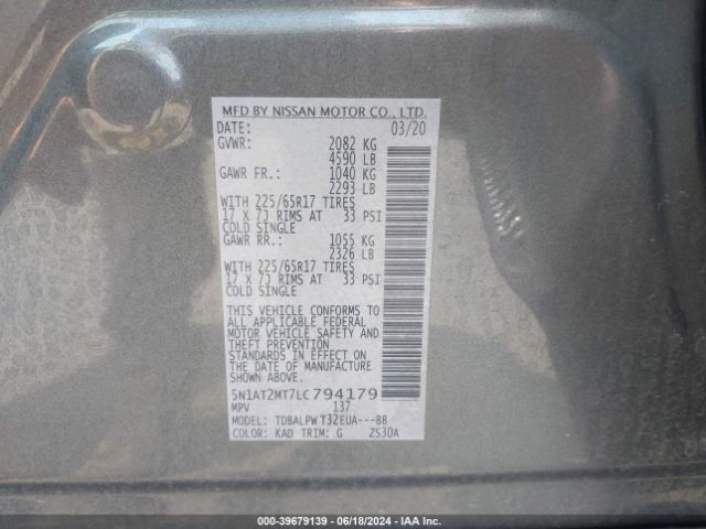 5N1AT2MT7LC794179 Nissan Rogue S Fwd