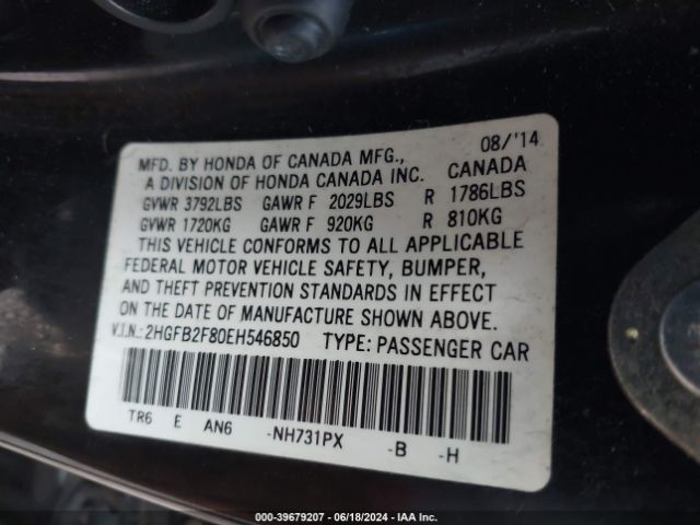 2HGFB2F80EH546850 Honda CIVIC EX