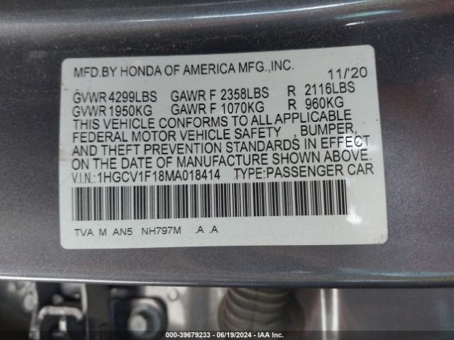 1HGCV1F18MA018414 Honda ACCORD LX