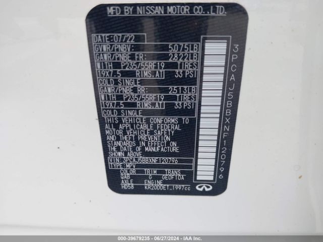 3PCAJ5BBXNF120796 Infiniti Qx50 Luxe Awd