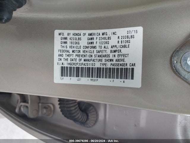 Honda ACCORD LX 2015 1HGCR2F30FA251153 Image 9