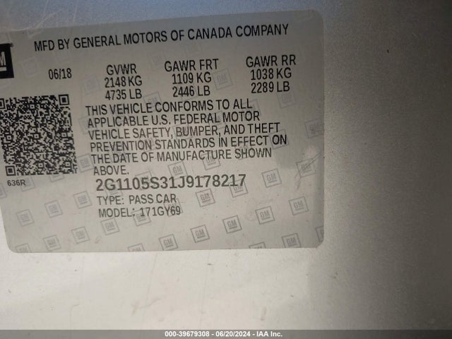 Chevrolet IMPALA 1LT 2018 2G1105S31J9178217 Image 9