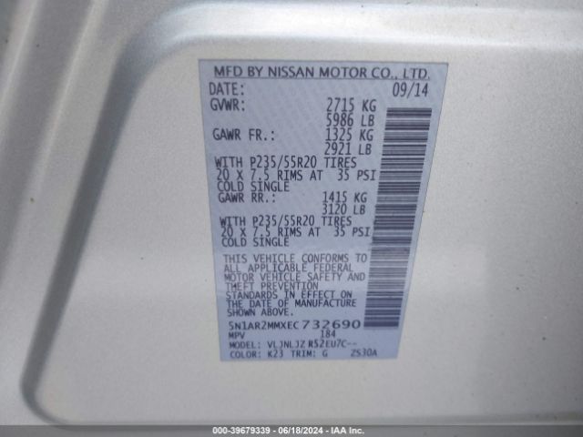 5N1AR2MMXEC732690 Nissan Pathfinder Platinum