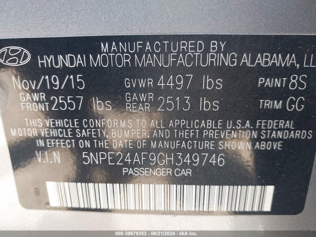 Hyundai SONATA SE 2016 5NPE24AF9GH349746 Image 9