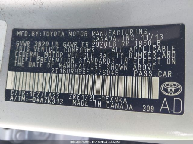 2T1BURHE6EC076045 Toyota Corolla Le Premium