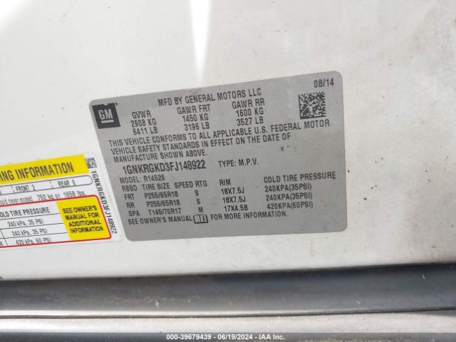 1GNKRGKD3FJ148922 Chevrolet Traverse 1lt