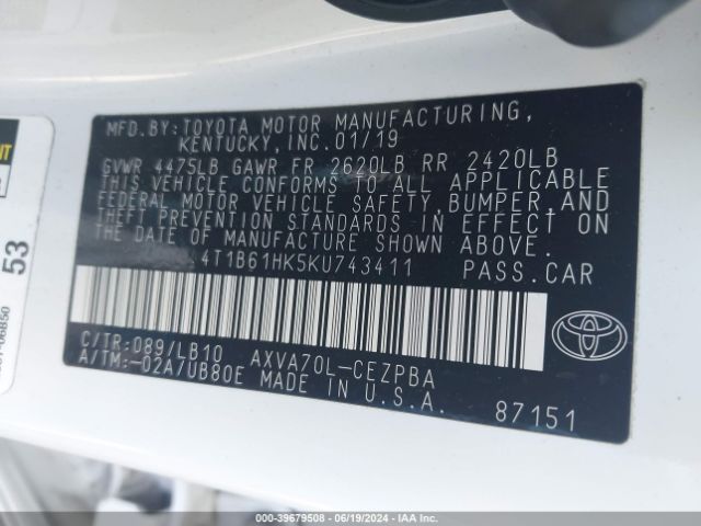 4T1B61HK5KU743411 Toyota CAMRY XSE