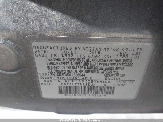 Nissan Versa S Xtronic Cvt 2020 3N1CN8DV3LL836544 Image 9