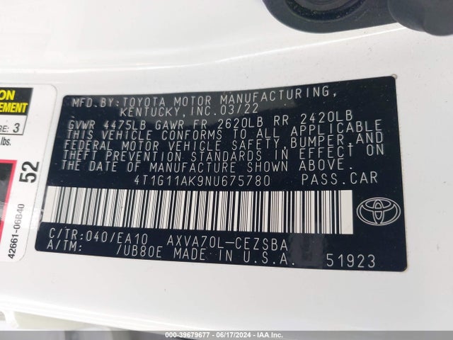 Toyota CAMRY SE 2022 4T1G11AK9NU675780 Image 9