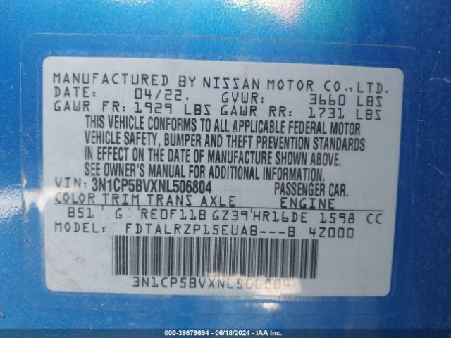 3N1CP5BVXNL506804 Nissan Kicks S Xtronic Cvt