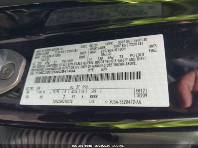 1FMCU0CZ6NUB47494 Ford Escape Sel Hybrid