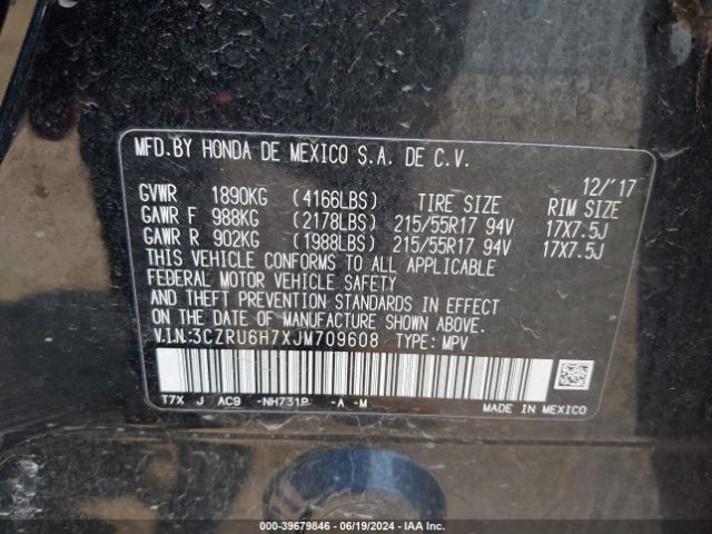 3CZRU6H7XJM709608 Honda Hr-v Ex-l
