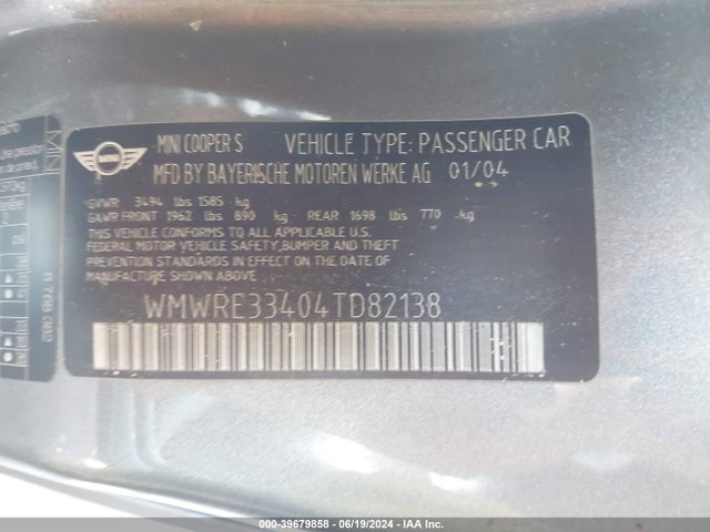 2004 MINI COOPER S WMWRE33404TD82138 Photo 8