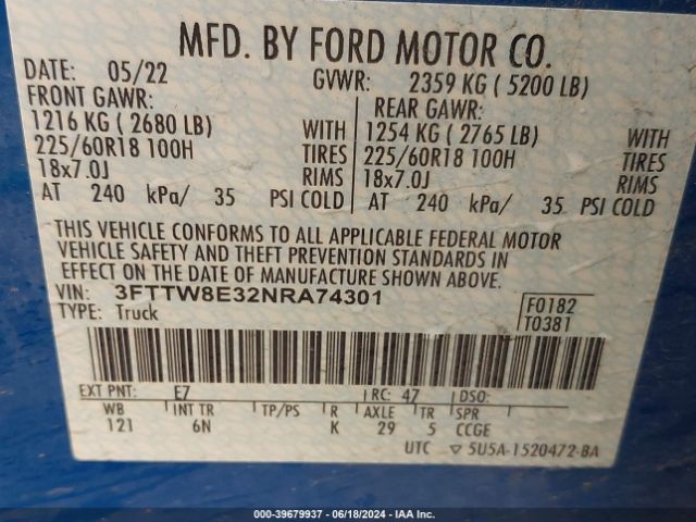 3FTTW8E32NRA74301 Ford Maverick Lariat